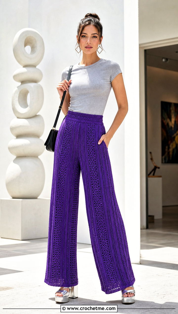 Crochet Wide Leg Pants With Fitted T Shirt - 25 beginner crochet clothing and outfit ideas