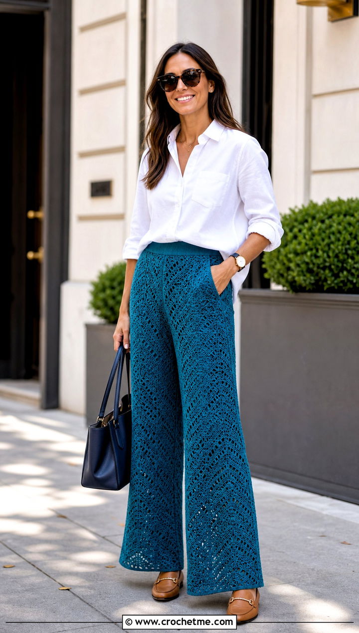 Crochet Wide Leg Pants With Oxford Shirt - 30 crochet thread clothes and outfit ideas