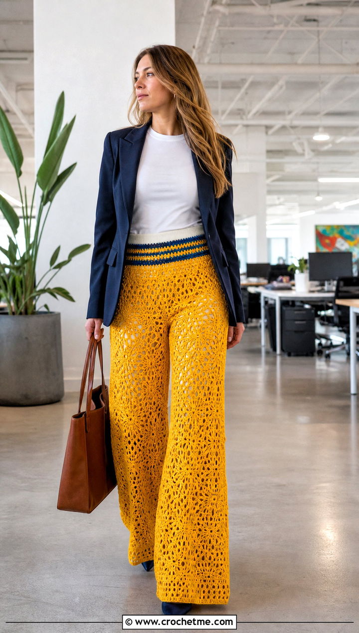 Crochet Wide Leg Trousers With Blazer And T Shirt - 35 cute crochet clothes ideas