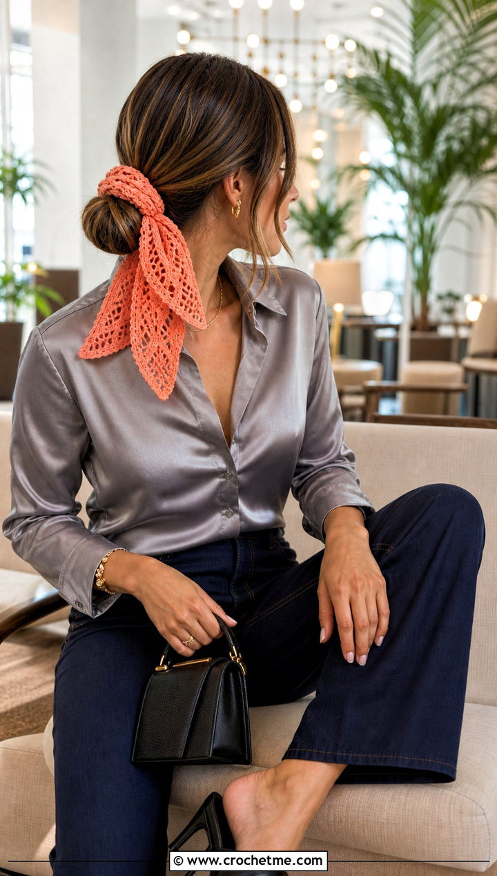 Crochet Wide Sash Hair Tie Scarf With Satin Blouse And Jeans - 20 crochet hair tie scarf outfit ideas
