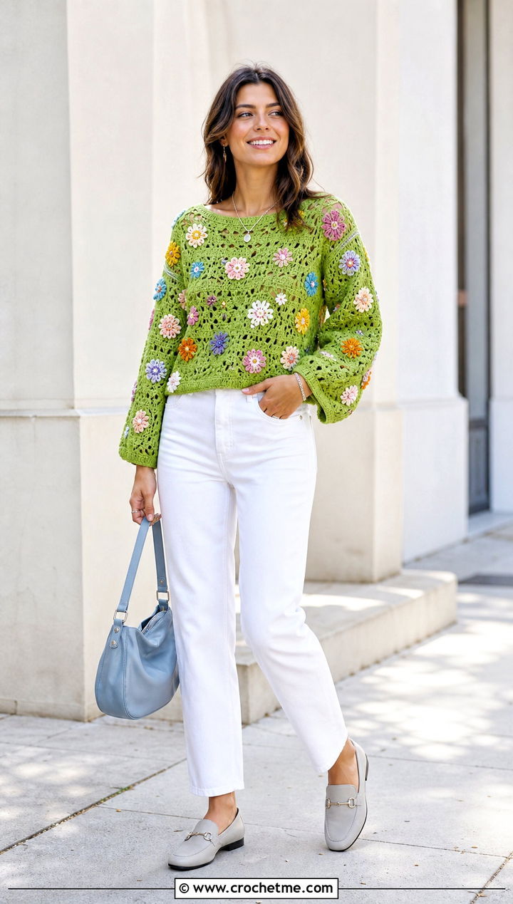Crochet Wildflower Sweater With White Jeans - 30 crochet flowers on sweater outfit ideas