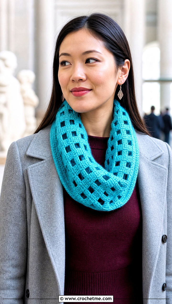 Crochet Windowpane Cowl Scarf With Knit Dress - 15 crochet windowpane scarf outfit ideas