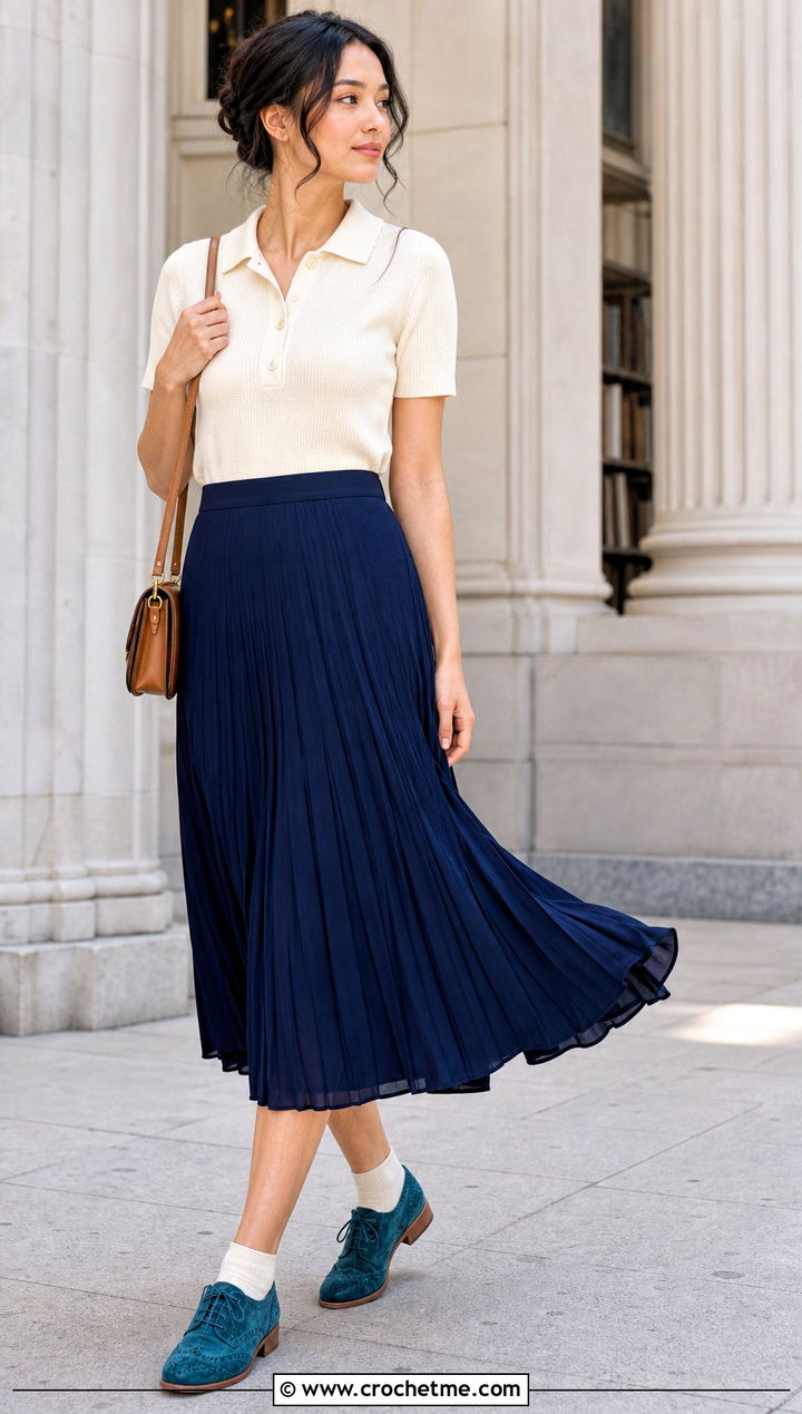Crochet Wingtip Oxfords With A Pleated Midi Skirt - 15 Crochet Oxford Shoes outfit ideas