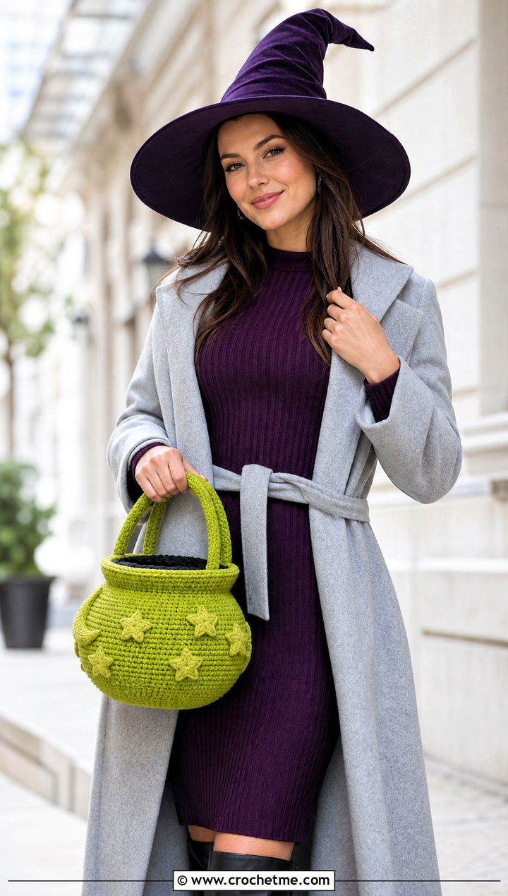 Crochet Witch Bag With Ribbed Knit Dress - 30 crochet witch costume outfit ideas