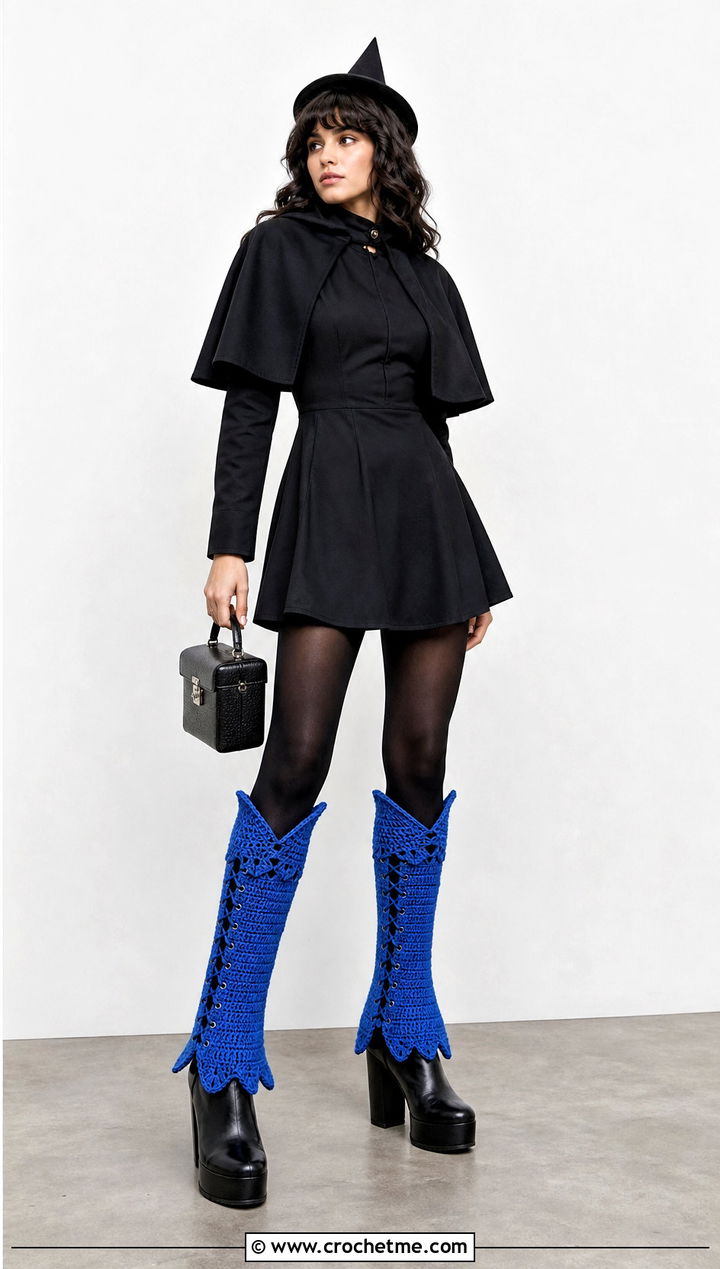 Crochet Witch Boot Covers With Structured Mini Dress - 30 crochet witch costume outfit ideas