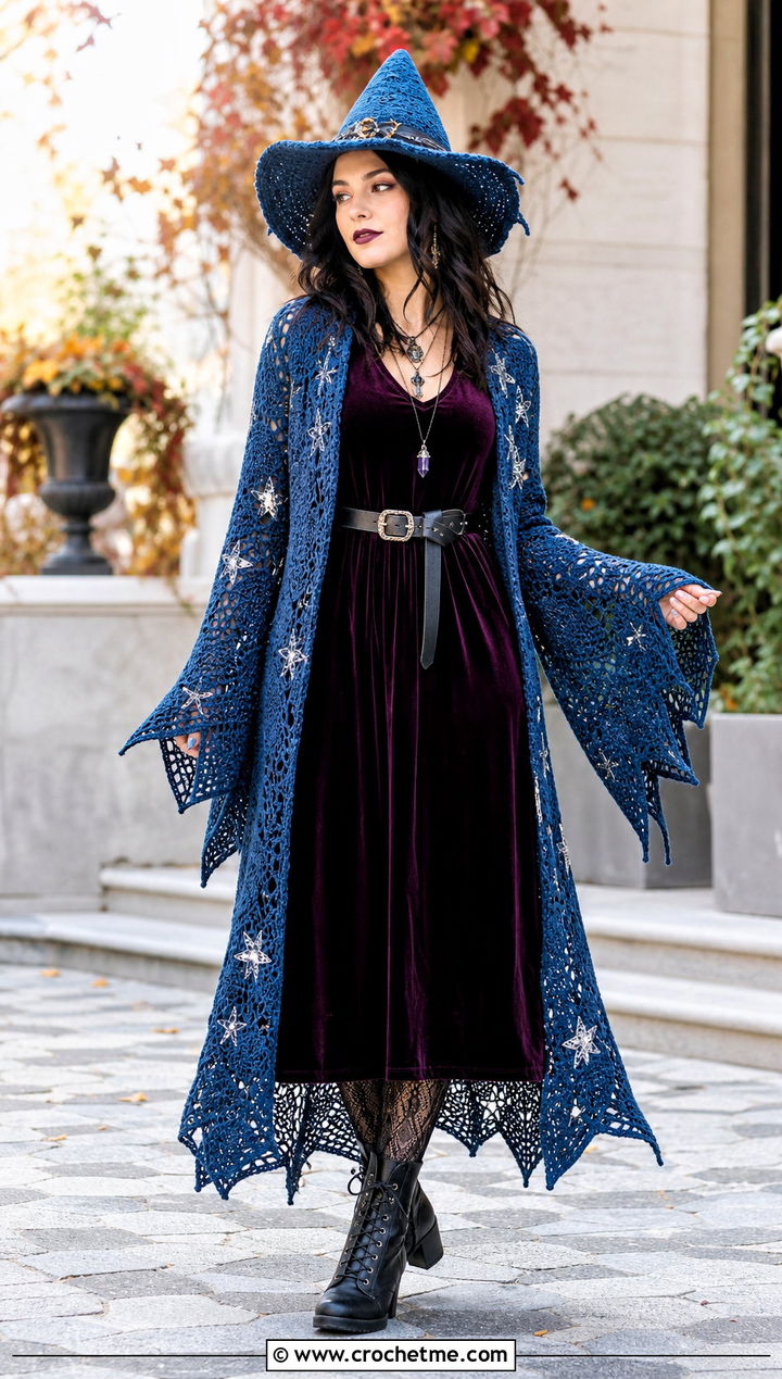 Crochet Witch Cardigan With Velvet Dress - 30 crochet witch costume outfit ideas