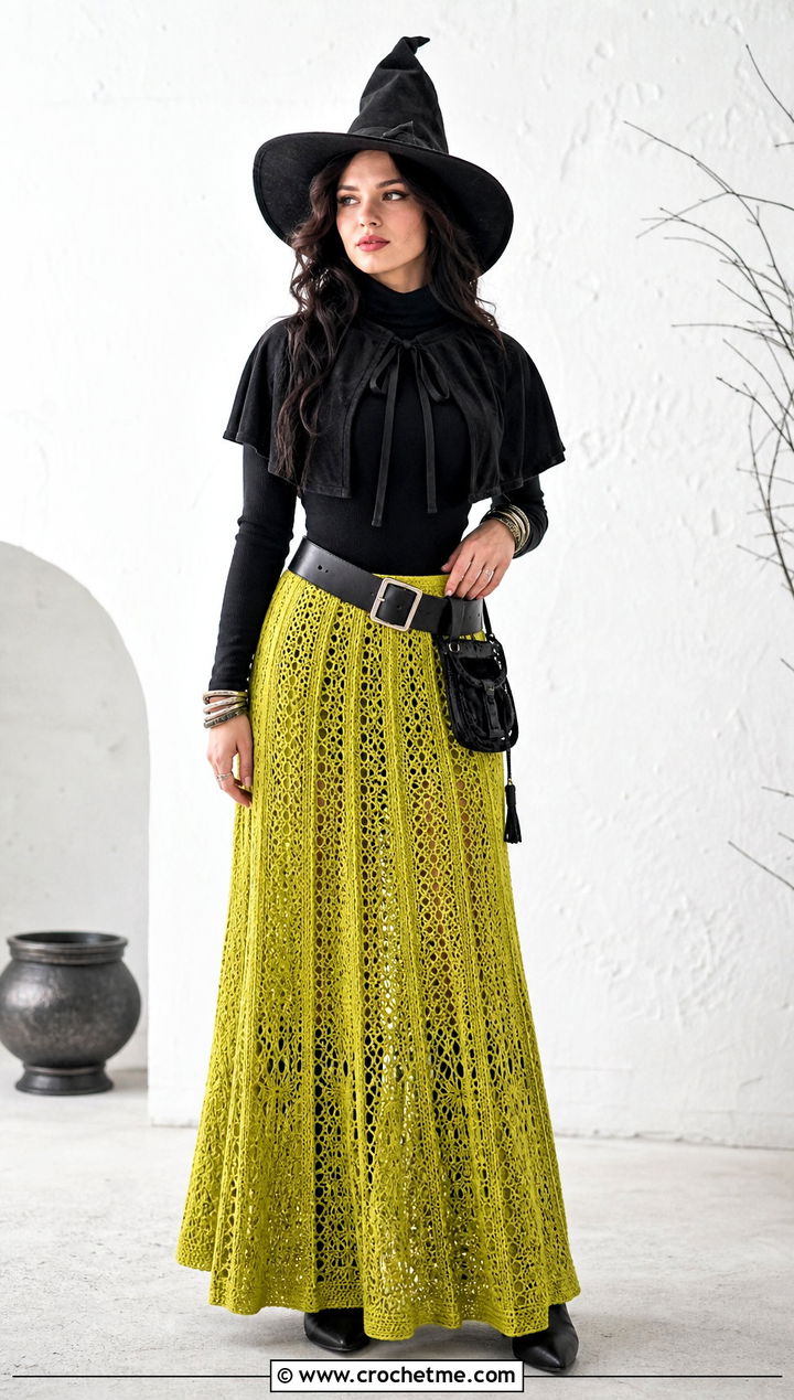 Crochet Witch Maxi Skirt With Fitted Turtleneck - 30 crochet witch costume outfit ideas