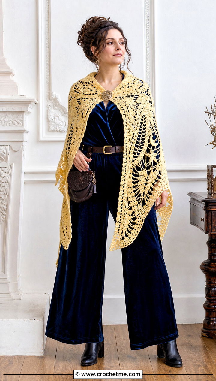 Crochet Witch Shawl With Velvet Jumpsuit - 30 crochet witch costume outfit ideas