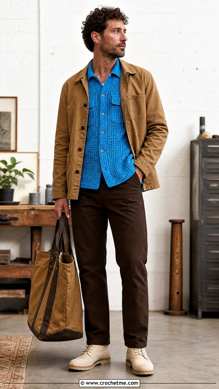 Crochet Work Shirt With A Chore Coat - 35 crochet men shirt outfit ideas