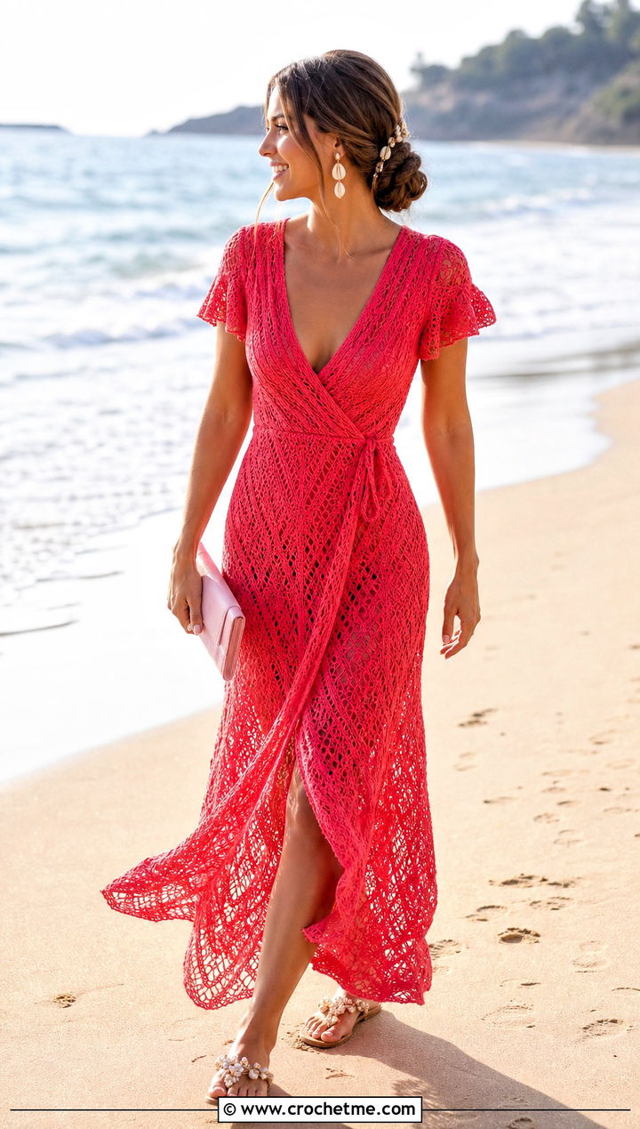 Crochet Wrap Beach Wedding Dress With Shell Sandals - 20 crochet beach wedding dress outfit ideas