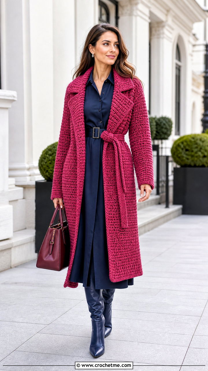Crochet Wrap Coat With Belted Midi Dress - 35 crochet coats & jackets outfit ideas