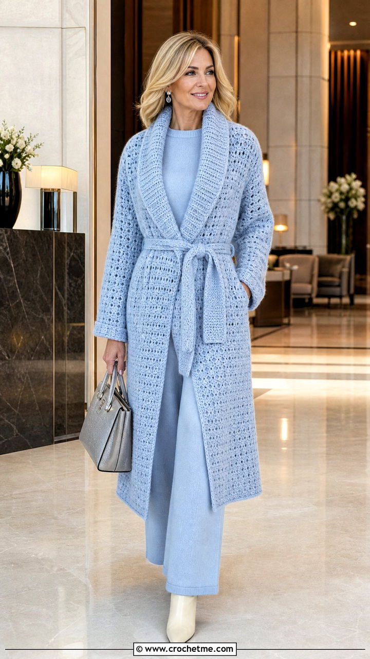 Crochet Wrap Coat With Monochrome Knitwear - 35 crochet coats outfit ideas
