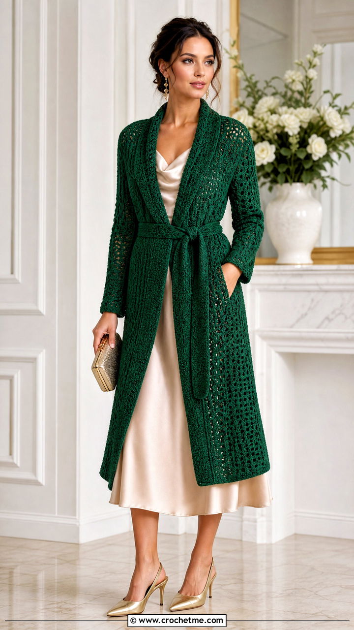 Crochet Wrap Coat With Satin Midi Dress - 35 crochet coat outfit ideas