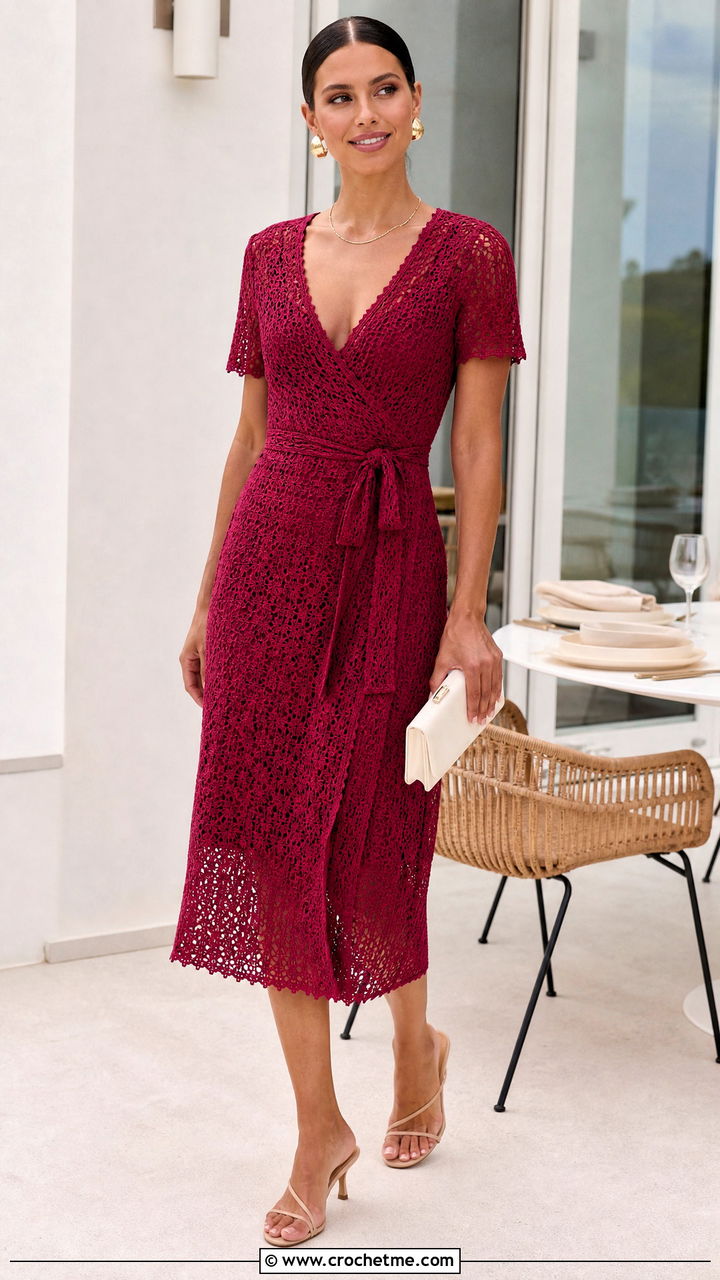 Crochet Wrap Dress With Kitten Heels - 35 crochet summer dress outfit ideas