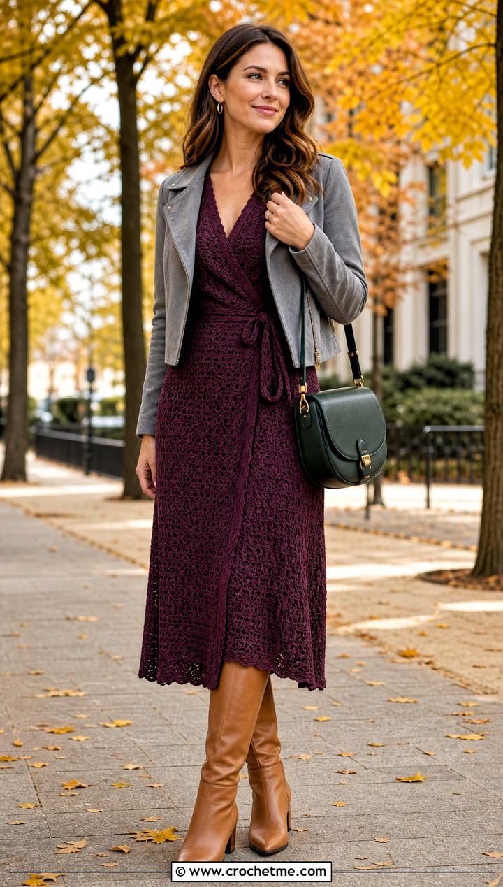 Crochet Wrap Dress With Riding Boots - 35 cute crochet dress ideas