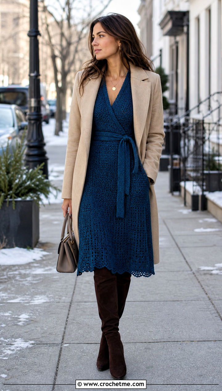 Crochet Wrap Dress With Suede Boots - 30 crochet dress for winter outfit ideas