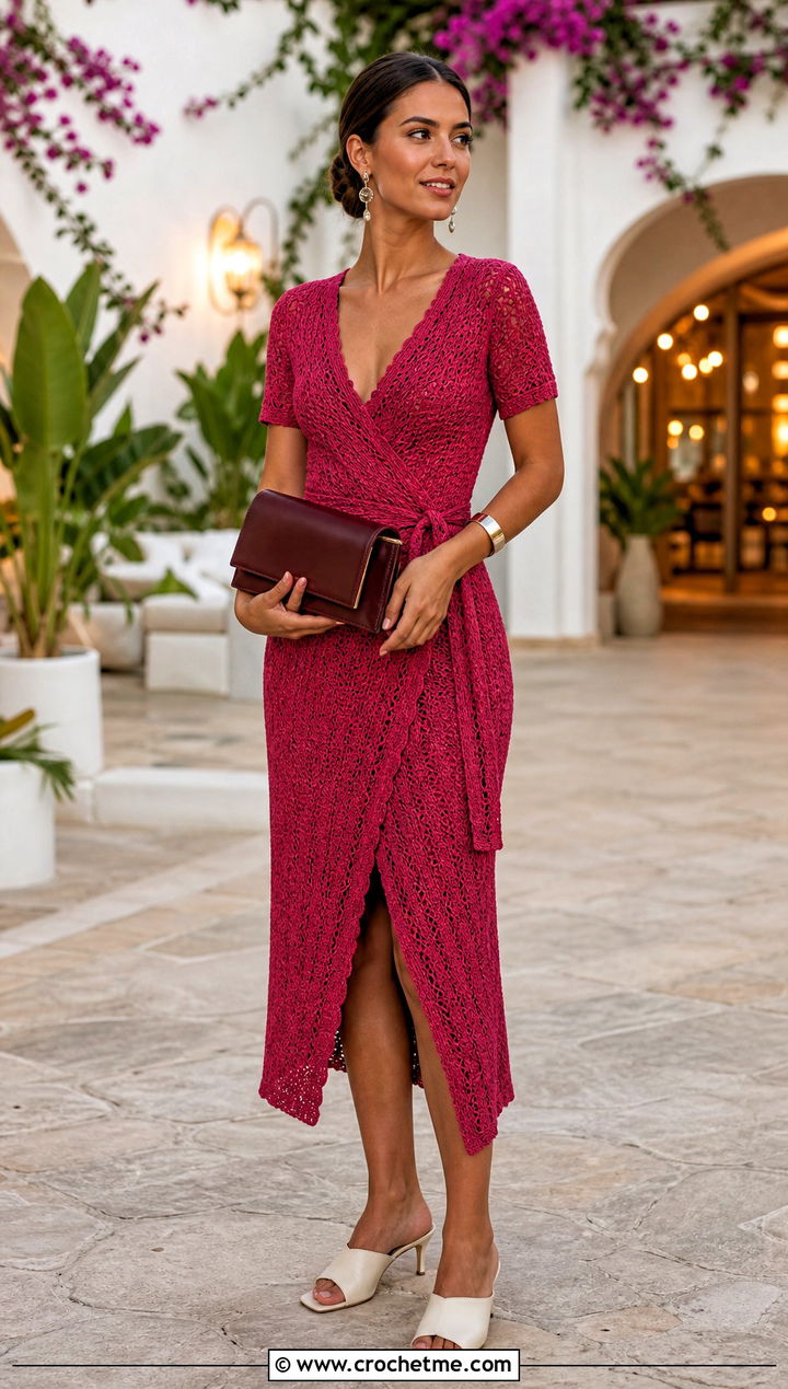 Crochet Wrap Frock With Heeled Mules - 35 crochet frock outfit ideas