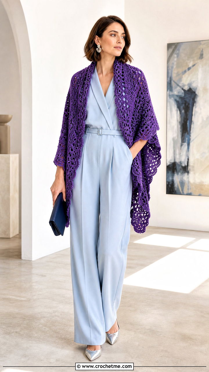 Crochet Wrap Scarf With Jumpsuit - 35 beginner crochet scarf outfit ideas