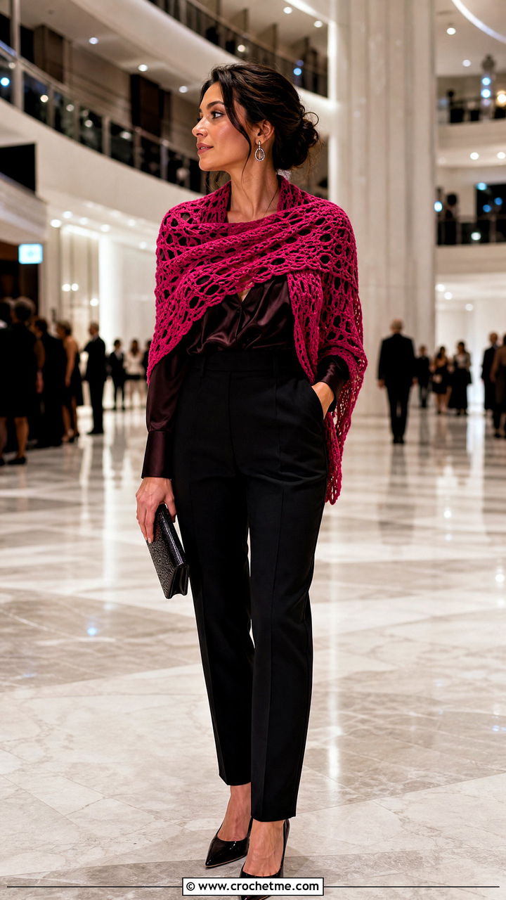 Crochet Wrap Scarf With Satin Blouse - 35 easy crochet scarves outfit ideas