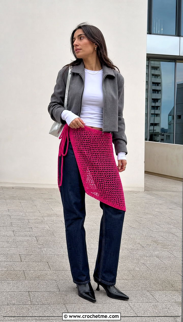 Crochet Wrap Skirt Overlay With Straight Leg Jeans - 15 wrap crochet skirt outfit ideas