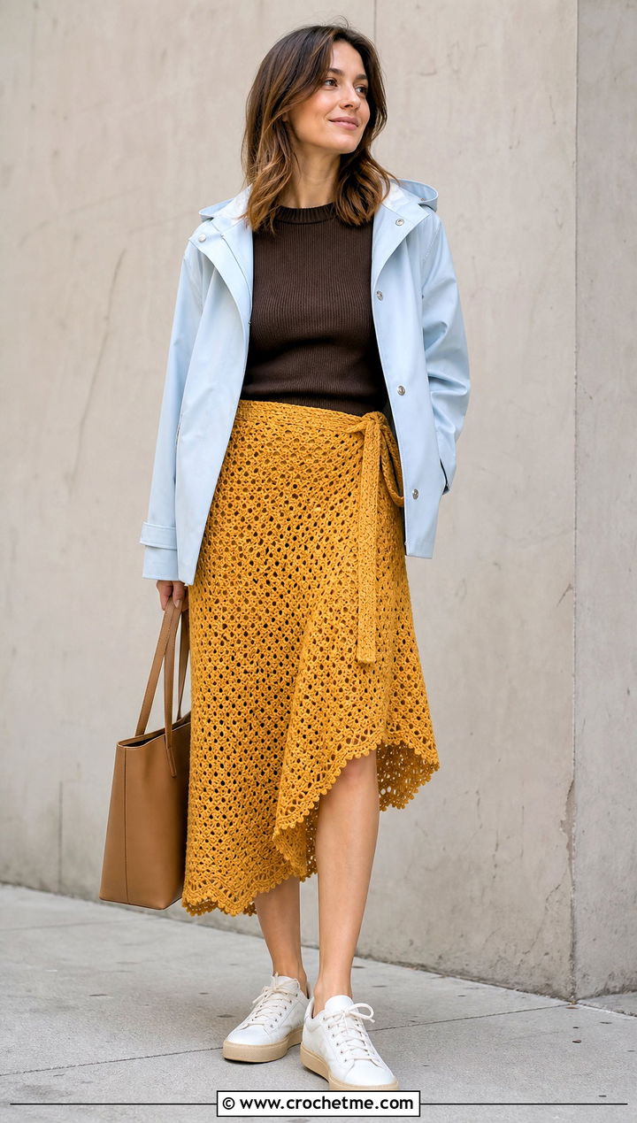 Crochet Wrap Skirt With Fitted Sweater And Sneakers - 15 Vintage Crochet Skirt outfit ideas