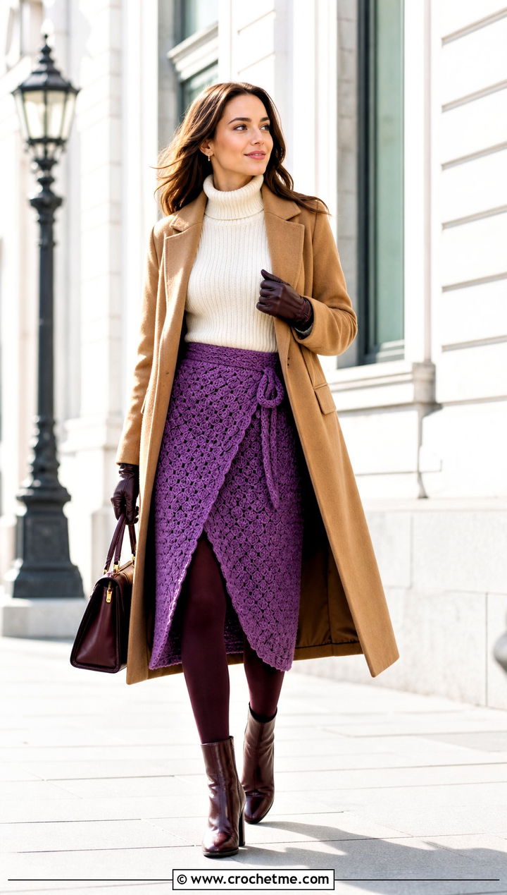 Crochet Wrap Skirt With Wool Coat - 35 crochet winter skirt outfit ideas