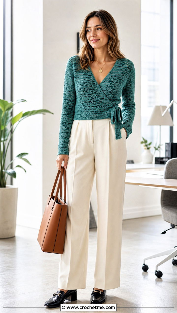 Crochet Wrap Sweater With Wide Leg Trousers - 25 Winter Crochet Clothes and outfit ideas