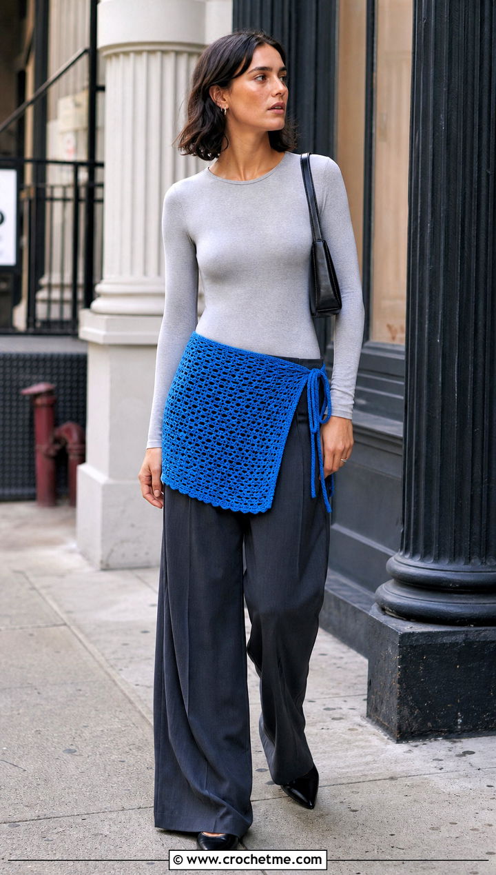Crochet Wrap Tie Skirt Over Wide Leg Pants - 30 crochet tie skirt outfit ideas