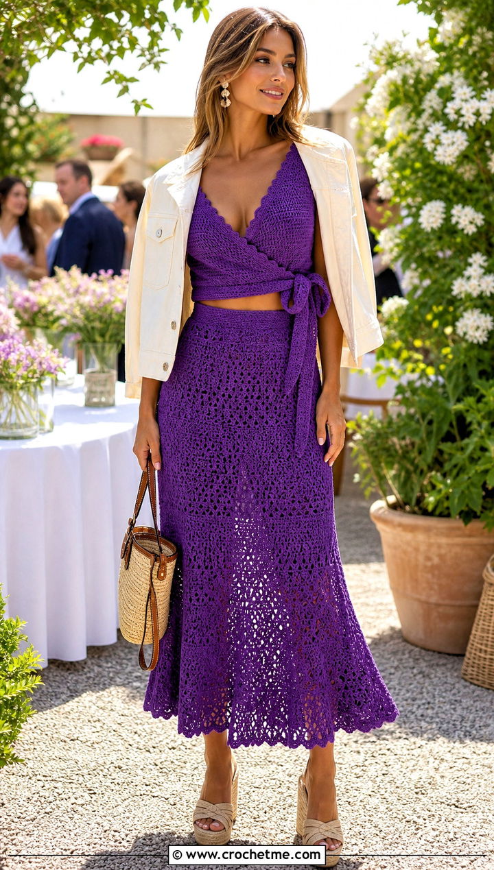 Crochet Wrap Top And Flared Midi Skirt With Espadrilles - 35 crochet skirt and top outfit ideas