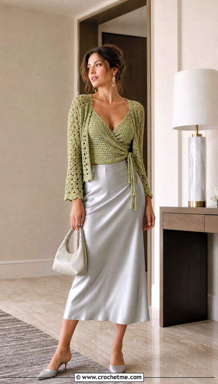 Crochet Wrap Top Slip Skirt And Cardigan Set With Kitten Heels - 25 crochet three piece outfit ideas