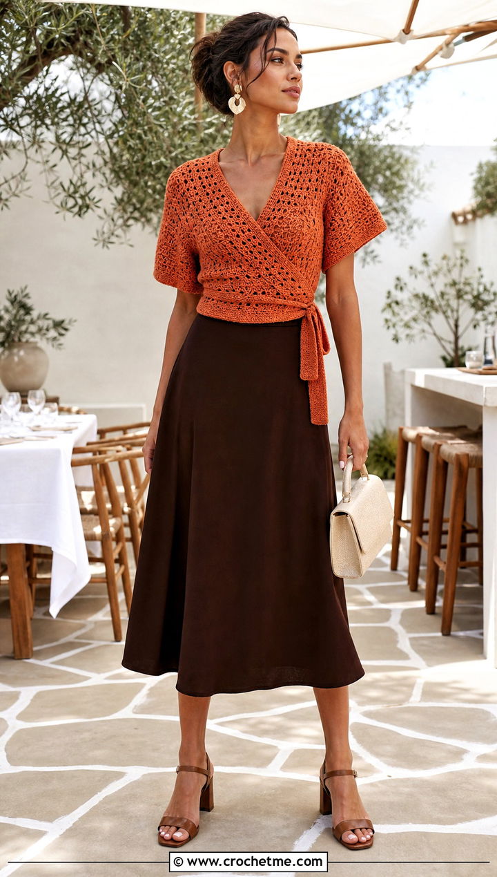Crochet Wrap Top With A Line Midi Skirt - 35 style crochet top outfit ideas