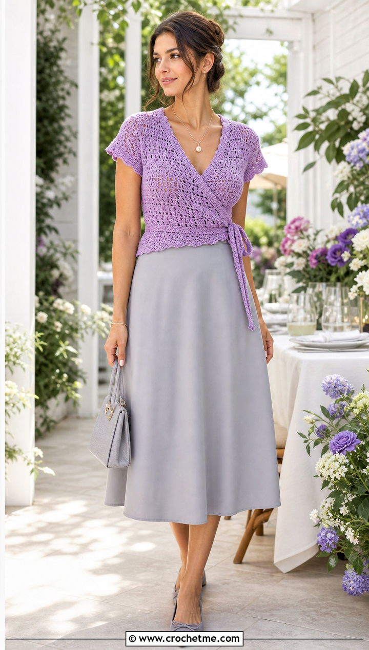 Crochet Wrap Top With A Line Midi Skirt - 30 beginner crochet top outfit ideas