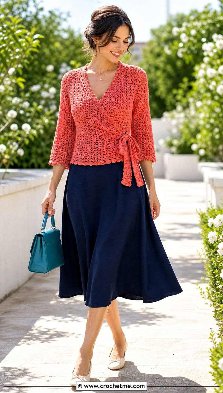 Crochet Wrap Top With A Line Skirt - 35 knitted crochet top outfit ideas