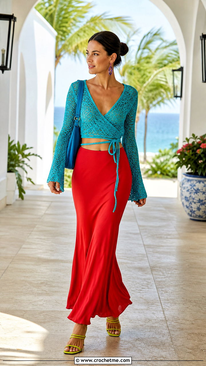 Crochet Wrap Top With Bias Cut Maxi Skirt - 35 crochet ladies tops outfit ideas