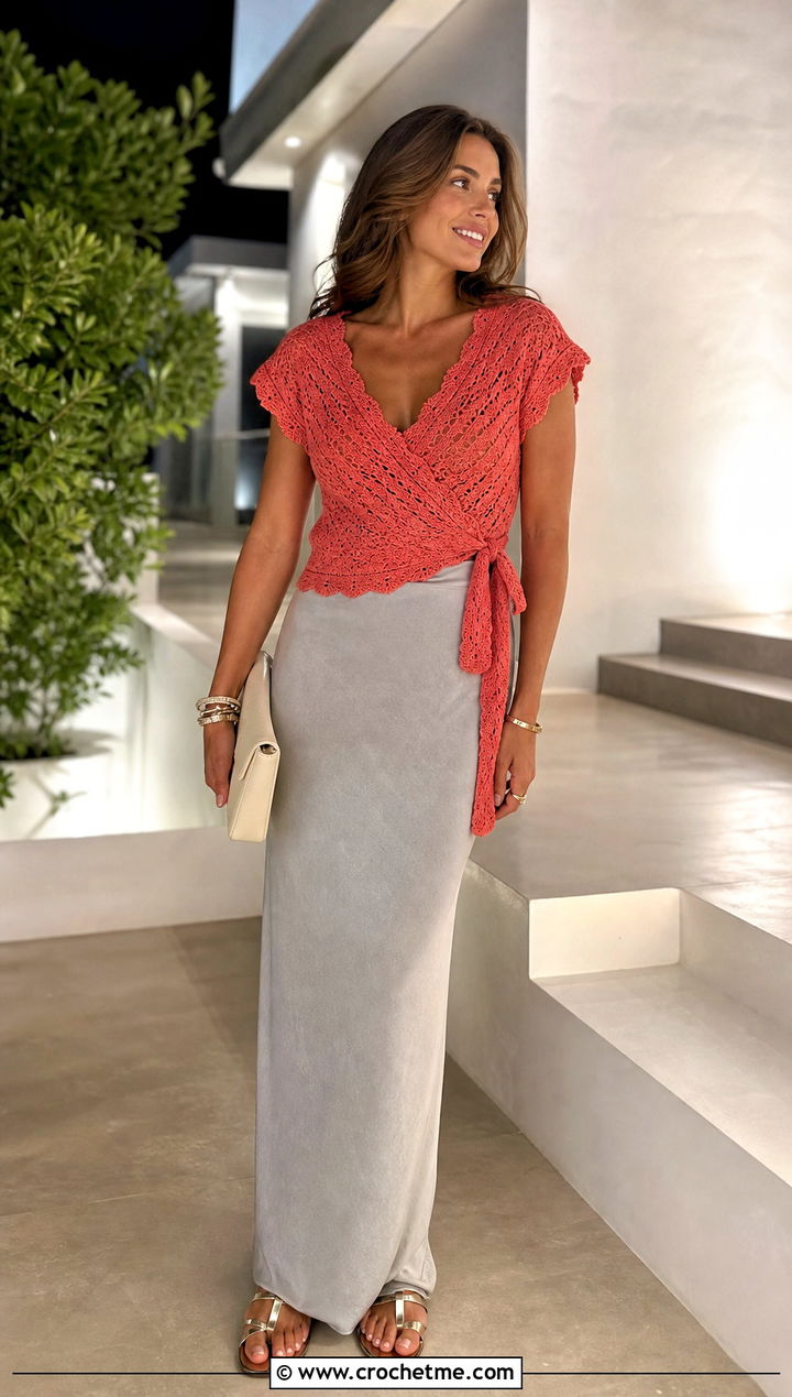 Crochet Wrap Top With Column Maxi Skirt - 25 easy crochet summer tops for beginners outfit ideas