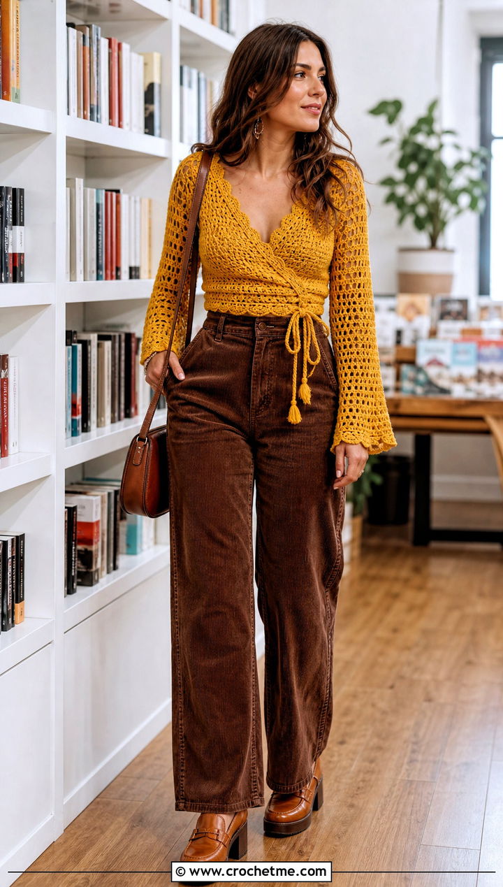 Crochet Wrap Top With Corduroy Trousers - 25 Autumn Crochet Outfit ideas