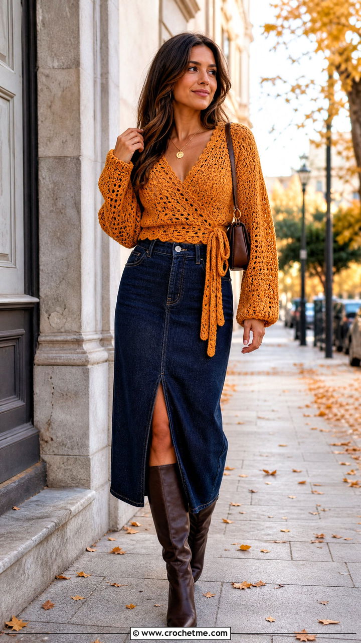 Crochet Wrap Top With Denim Midi Skirt - 35 easy crochet tops outfit ideas
