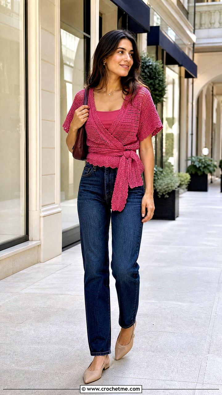 Crochet Wrap Top With High Waisted Jeans - 35 beginner crochet clothes and outfit ideas