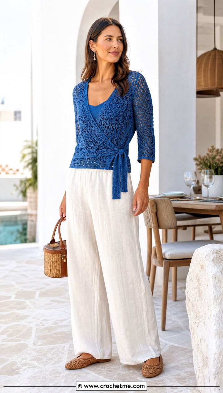 Crochet Wrap Top With Linen Trousers - 30 full crochet outfit ideas