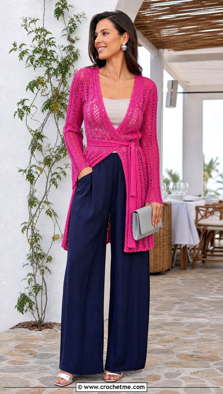 Crochet Wrap Top With Palazzo Pants - 25 crochet top not cropped outfit ideas