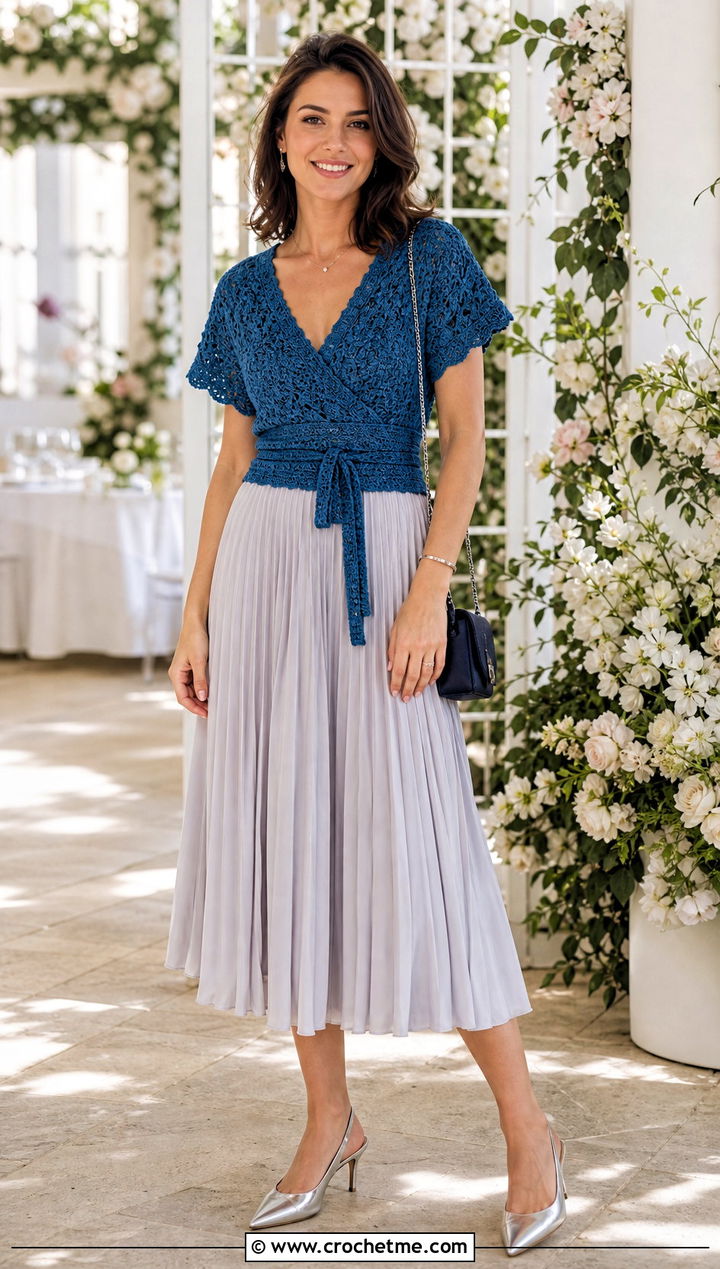 Crochet Wrap Top With Pleated Midi Skirt - 30 cute crochet clothing and outfit ideas
