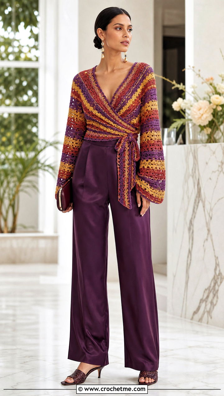 Crochet Wrap Top With Satin Wide Leg Pants - 30 multi color crochet top outfit ideas