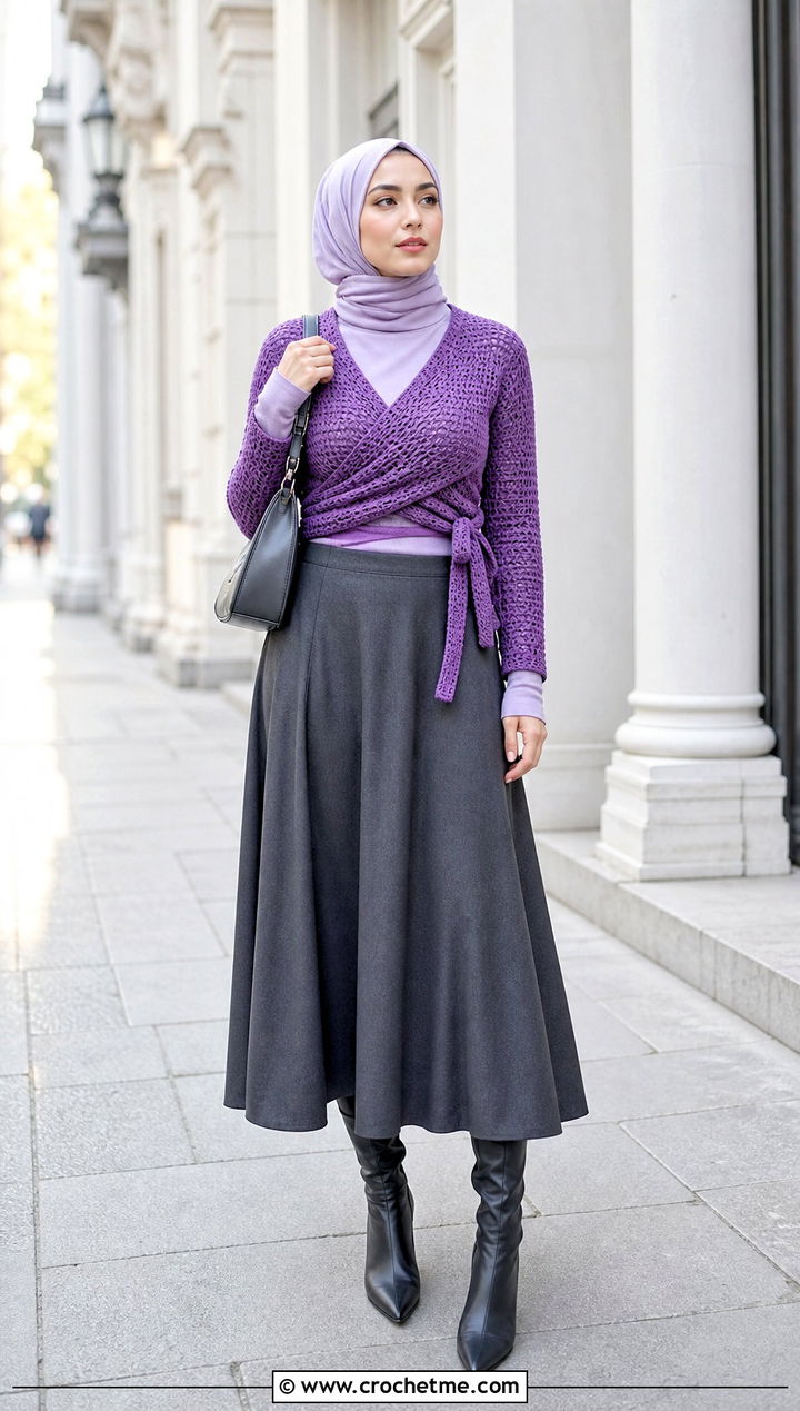 Crochet Wrap Top With Turtleneck And Maxi Skirt - 20 crochet top hijabi outfit ideas