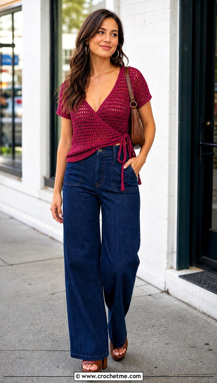 Crochet Wrap Top With Wide Leg Jeans - 35 Fast Crochet Top outfit ideas