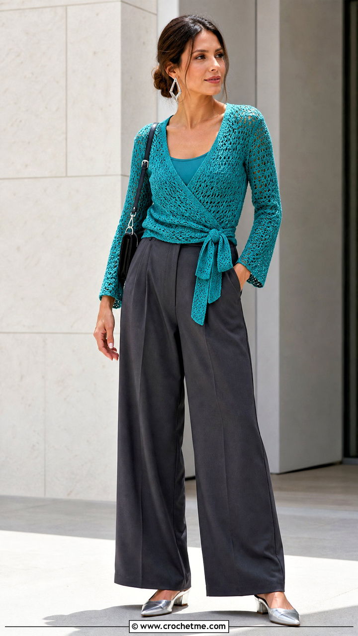 Crochet Wrap Top With Wide Leg Trousers - 35 summer crochet top outfit ideas