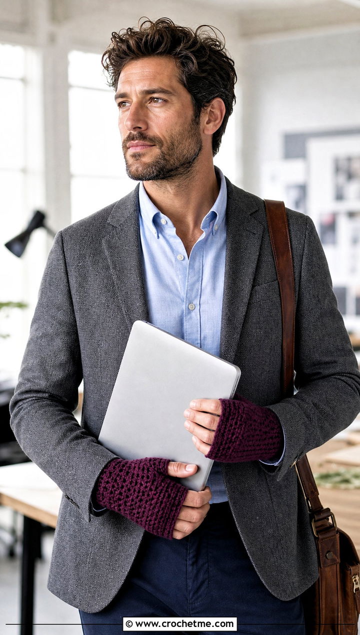 Crochet Wrist Warmer Gloves With Business Casual Outfit - 25 men's crochet gloves outfit ideas