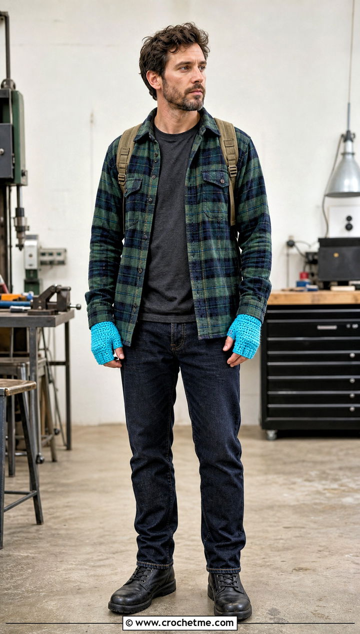 Crochet Wrist Warmer Gloves With Flannel Shirt - 35 men crochet gloves outfit ideas