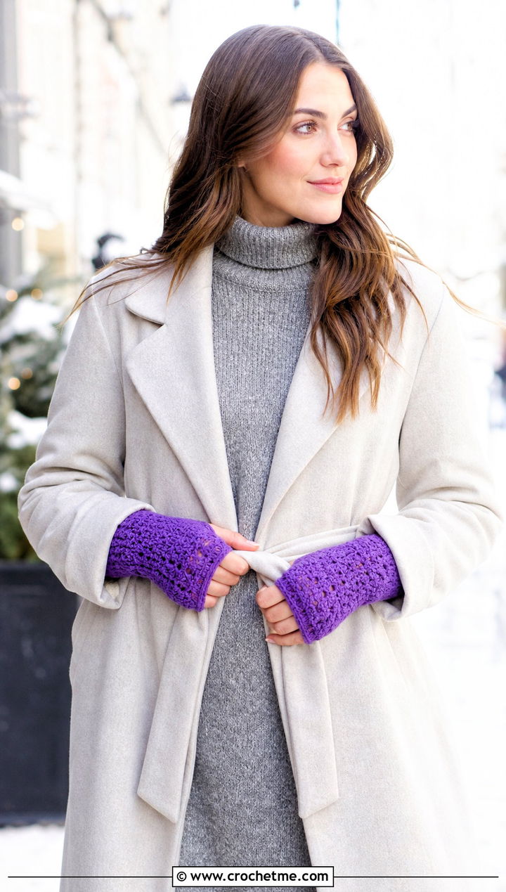 Crochet Wrist Warmer Gloves With Sweater Dress - 25 crochet glove outfit ideas