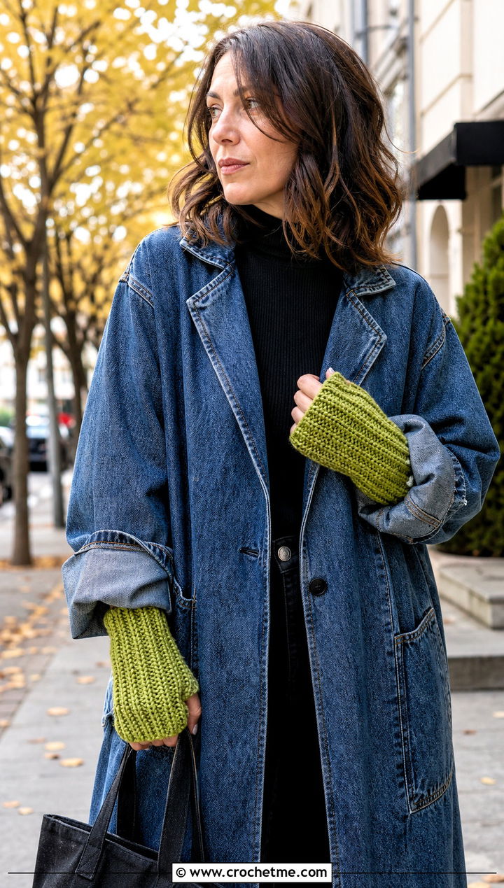 Crochet Wrist Warmers With Denim Coat - 25 Small Crochet Projects Clothes and outfit ideas