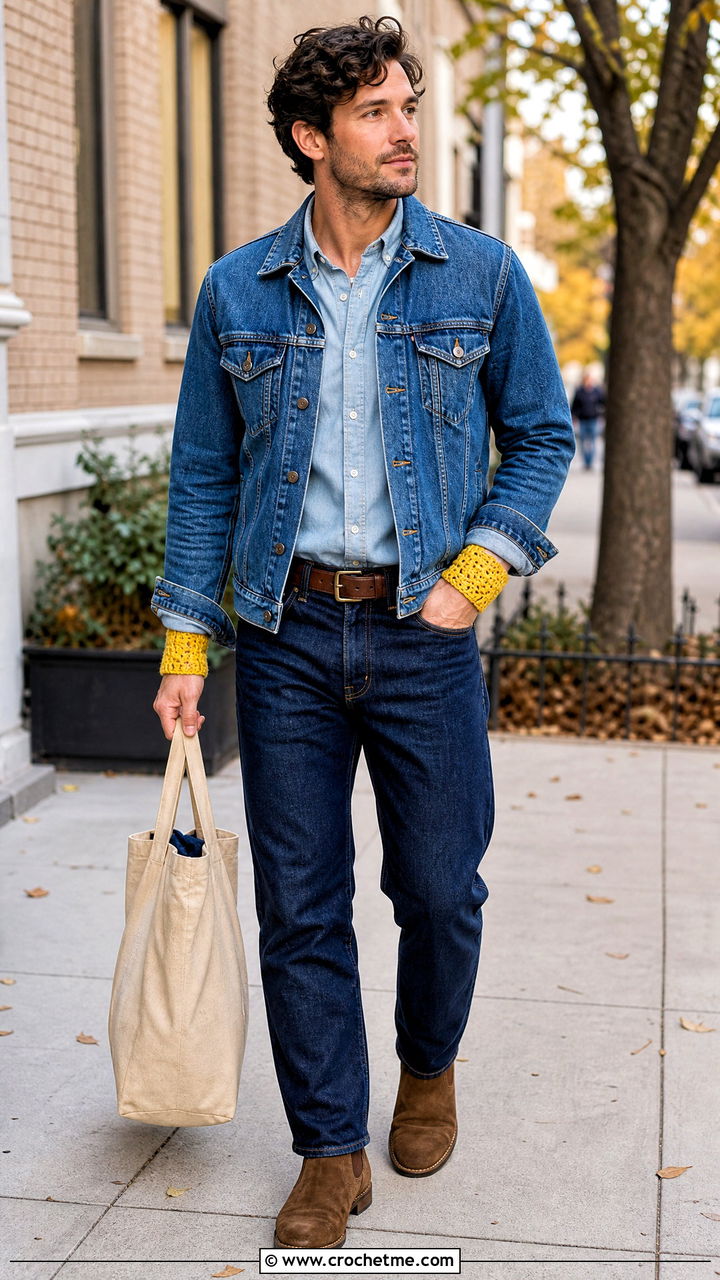 Crochet Wristlets With Denim On Denim - 35 crochet gloves for men outfit ideas